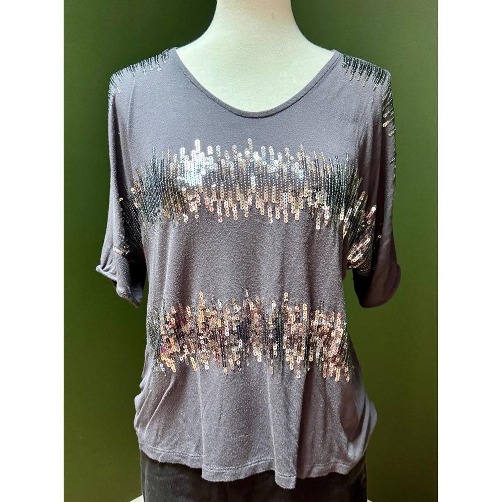 Y2K Dantelle‎ Sequin Embellished Dolman Sleeve Gray T-Shirt Women's Size XL